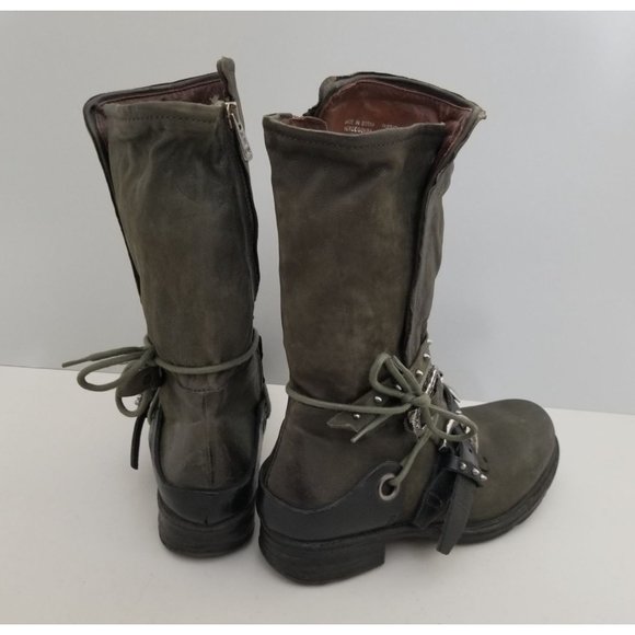 Free People A.S. 98 Wilder Buckle Boots Distressed Green Leather Size 37 - Picture 2 of 4